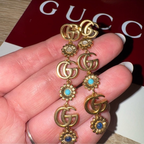 Gucci Jewelry - Gucci Gold-Tone GG Drop Earrings with Blue and Turquoise Enamel Flowers